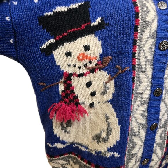 VTG Woolrich Women’s M Handframed Royal Blue Snowman Winter Wool Knit Cardigan - Picture 5 of 16